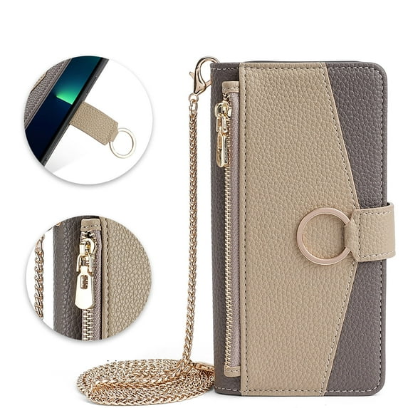 Allytech iPhone 12 Case, iPhone 12 Pro Wallet Case, Zipper Pocket Detachable Metal Shoulder Strap Cards Holder Stand Flip Magnetic Closure Wallet Phone Cases for Apple iPhone 12/ 12 Pro - Gray