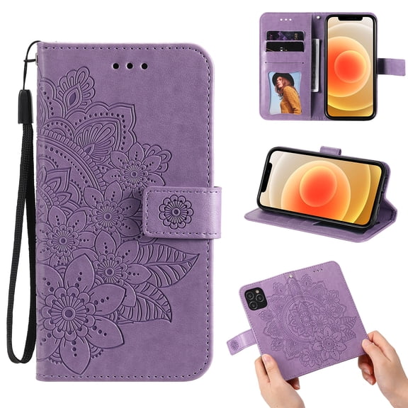 Allytech iPhone 12 Mini Case 5.4", Handmade Flip Folio Wallet Case with Card Pockets and Detachable Wrist Strap Magnetic Button Kickstand Embossed Floral Case for iPhone 12 Mini 2020, Purple