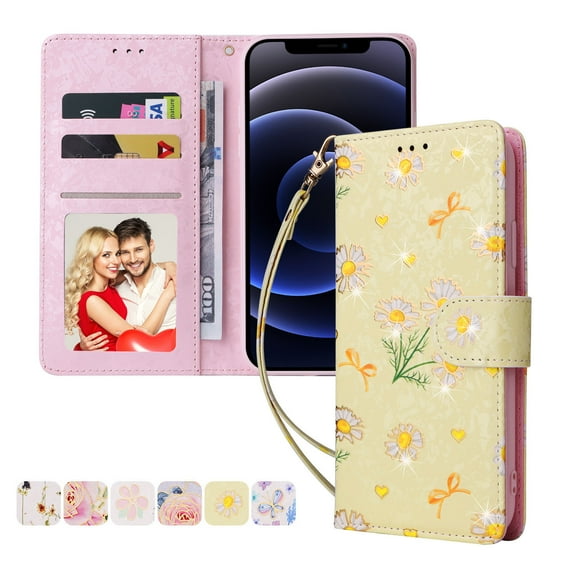 Allytech for iPhone 12 Mini Wallet Case, RFID Blocking PU Leather Magnetic Closure Case with Wrist Strap Card Slots Soft TPU Bumper Case for Apple iPhone 12 Mini 5.4" 2020, Yellow Daisy