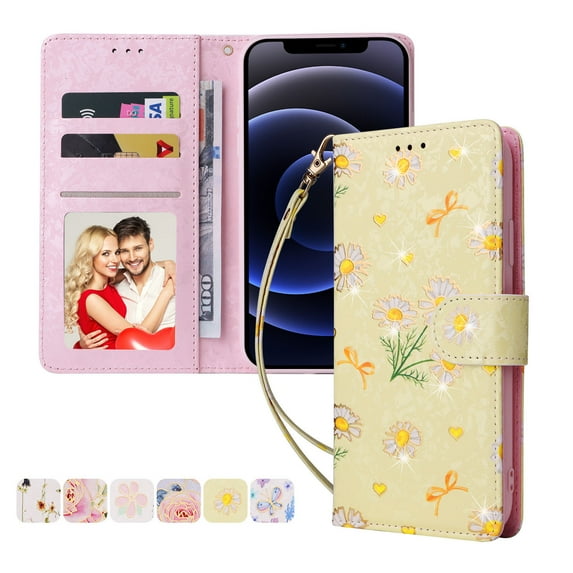 Allytech for iPhone 12 Mini Wallet Case, RFID Blocking PU Leather Magnetic Closure Case with Wrist Strap Card Slots Soft TPU Bumper Case for Apple iPhone 12 Mini 5.4" 2020, Yellow Daisy