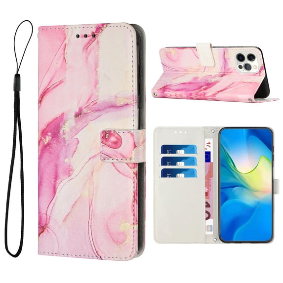 Allytech For iPhone 12 Pro/12 6.1 inch Card Slots Case,Stylish Painted Marble PU Leather Flip Wallet Holder Shockproof with Detachable Wrist Strap Cover.For iPhone 12 Pro / 12 6.1",Rosegold