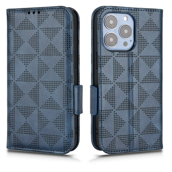 Allytech For iPhone 12 Pro Max 6.7 inch Slim Case,Luxury Embossed Triangle Design Magnetic Closure PU Leather Flip Wallet Card Slots Stand Shockproof Anti-scratch Cover with Wrist Strap.Blue