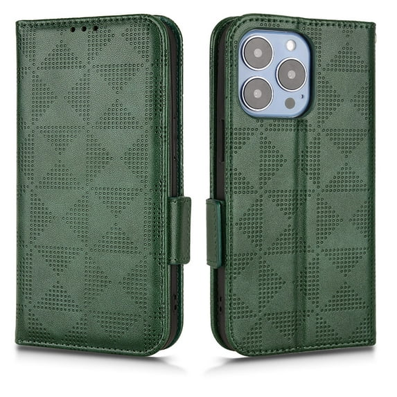 Allytech For iPhone 12 Pro Max 6.7 inch Slim Case,Luxury Embossed Triangle Design Magnetic Closure PU Leather Flip Wallet Card Slots Stand Shockproof Anti-scratch Cover with Wrist Strap.Green
