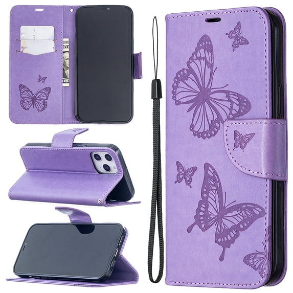 Allytech iPhone 12 Pro Max Case 6.7", Folio Flip PU Leather Slim Fit Kickstand Cover with Credit Cards Holder Hand Wrist Strap Wallet Case Cover for Apple iPhone 12 Pro Max, Violet
