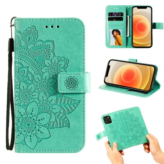 Allytech iPhone 12 Pro Max Case 6.7", Handmade Flip Folio Wallet Case with Card Pockets and Detachable Wrist Strap Magnetic Button Kickstand Embossed Floral Case for iPhone 12 Pro Max 2020, Green