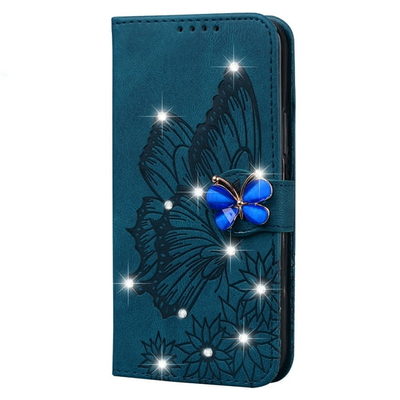 Allytech iPhone 12 Pro Max Case(6.7 inch 2020), Glitter Shiny Butterfly Rhinestone PU Leather Wrist Strap Flip Kickstand Carrying Case with Magnetic Closure for Apple iPhone 12 Pro Max 2020, Blue