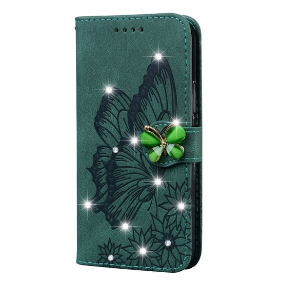Allytech iPhone 12 Pro Max Case(6.7 inch 2020), Glitter Shiny Butterfly Rhinestone PU Leather Wrist Strap Flip Kickstand Carrying Case with Magnetic Closure for Apple iPhone 12 Pro Max 2020, Green