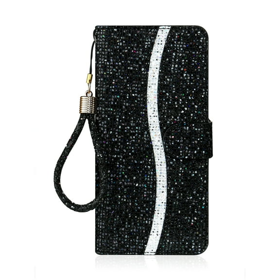 Allytech iPhone 12 Pro Max Case, Bling Design for Girls Women PU Leather Stand Hand Strap Flip Folio Cards Slots Wallet Book Style Protection Case Cover for Apple iPhone 12 Pro Max, Black