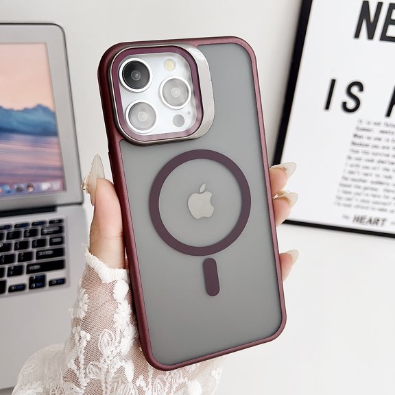 Allytech for iPhone 12 Pro Max Case with Camera Kickstand - Camera Cover with 9H HD Tempered Glass - Compatible with MagSafe - Slim Shockproof Translucent Anti-Fingerprint Matte Back Cover, Winered