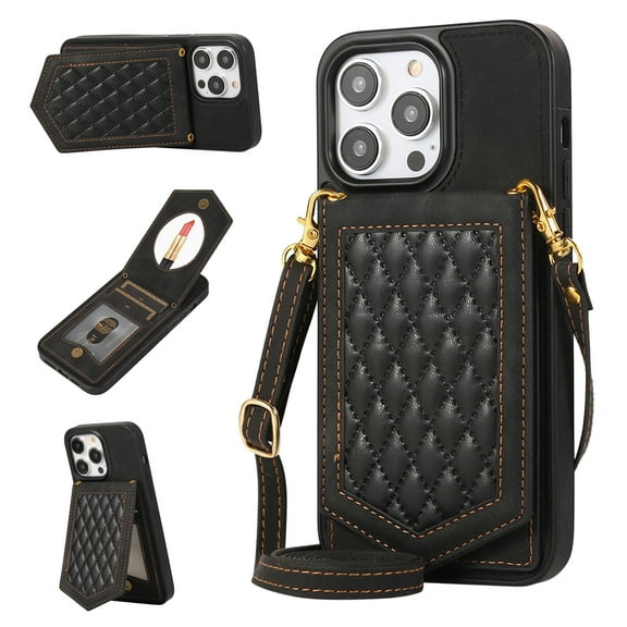 Allytech for iPhone 12 Pro Max Case, Crossbody Wallet Case PU Leather with RFID Blocking Card Holder Kickstand Magnetic Closure Inner Mirror Case for iPhone 12 Pro Max 6.7" 2020, Black