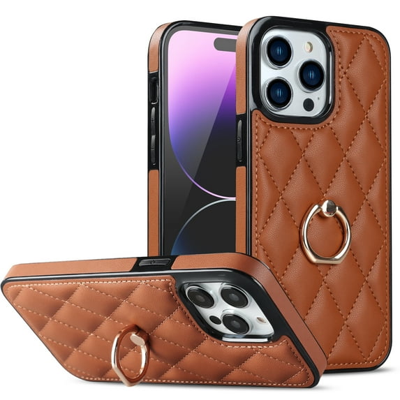 Allytech iPhone 12 Pro Max Case with Finger Ring, 360° Rotatable Ring Holder Kickstand Luxury PU Leather Non-Slip Shockproof Business Women Men Phone Covers for Apple iPhone 12 Pro Max 6.7", Brown