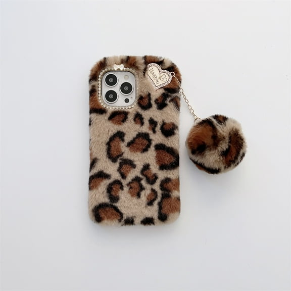 Allytech for iPhone 12 Pro Max Case Leopard Print Fur with Cute Ball, Plush Fluffy Fuzzy Fashion Furry Soft Case Warm Luxury Women Girly Case for iPhone 12 Pro Max 6.7" 2020, Brown