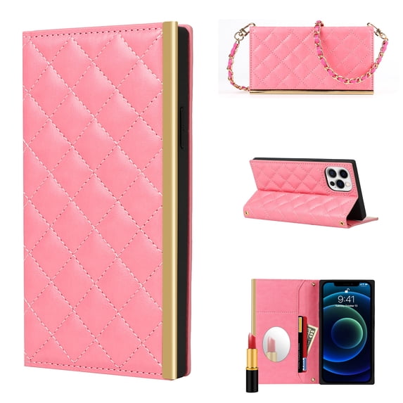 Allytech iPhone 12 Pro Max Case with Neck Strap Crossbody Chain, Flip Kickstand PU Leather Shockproof Credit Card Slots & Hidden Mirror Girls Women Case for iPhone 12 Pro Max 6.7" 2020, Pink