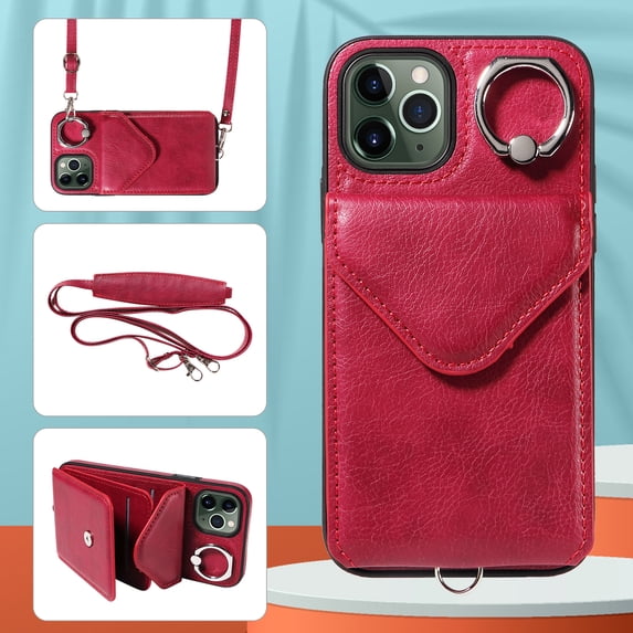 Allytech iPhone 12 Pro Max Case with Ring Holder & Shoulder Strap, Retro PU Leather Cards Slots Kickstand Detachable Lanyard Shockproof Wallet Case Cover for Apple iPhone 12 Pro Max - Red