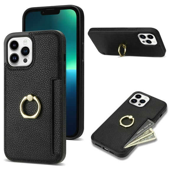 Allytech iPhone 12 Pro Max Case with Ring Holder, Slim Fit Cards Holder Cash Pocket Protective PU Leather TPU Shell Wallet Phone Case for Apple iPhone 12 Pro Max - Black