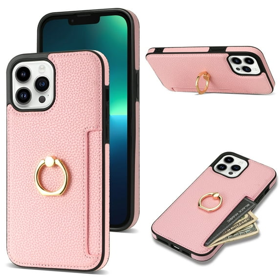 Allytech iPhone 12 Pro Max Case with Ring Holder, Slim Fit Cards Holder Cash Pocket Protective PU Leather TPU Shell Wallet Phone Case for Apple iPhone 12 Pro Max - Pink