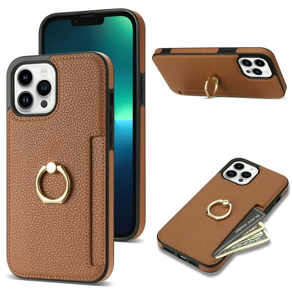 Allytech iPhone 12 Pro Max Case with Ring Holder, Slim Fit Cards Holder Cash Pocket Protective PU Leather TPU Shell Wallet Phone Case for Apple iPhone 12 Pro Max - Brown