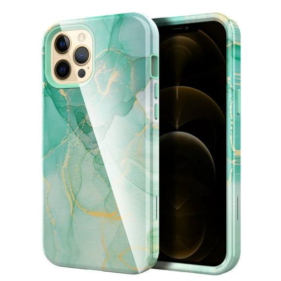 Allytech iPhone 12 Pro Max Case with Screen Protector, 3 Layers Hybrid Shockproof Full Protection Silicone Back Cover Case for Apple iPhone 12 Pro Max 6.7", Green Marble