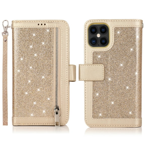 Allytech iPhone 12 Pro Max Case with Zipper Wallet, Bling Glitter Multiple Credit Cards Slots Wallet Case Cover with Zipper Detachable Strap Case for Apple iPhone 12 Pro Max, Gold