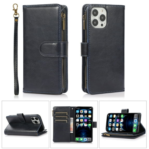 Allytech iPhone 12 Pro Max Wallet Case, 9 Cards Holder Zipper Wallet Case for Women Men Shockproof Hand Strap Full Protective Flip Stand Case Cover for Apple iPhone 12 Pro Max - Blue