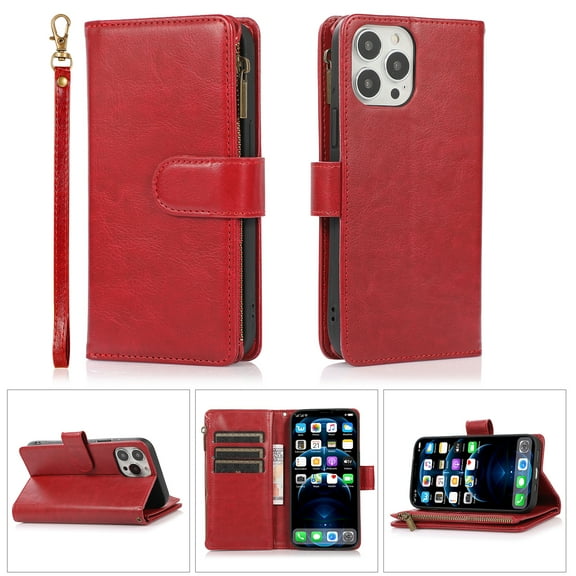 Allytech iPhone 12 Pro Max Wallet Case, 9 Cards Holder Zipper Wallet Case for Women Men Shockproof Hand Strap Full Protective Flip Stand Case Cover for  Apple iPhone 12 Pro Max - Red