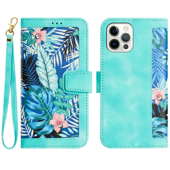 Allytech iPhone 12 Pro Max Wallet Case, Chic Flower Pattern PU Leather Shoulder Strap Hand Wrist Cards Holder Stand Flip Folio Cover for Girls Women Phone Case for Apple iPhone 12 Pro Max - Green