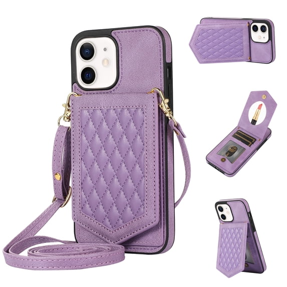 Allytech for iPhone 12/iPhone 12 Pro Case, Crossbody Wallet Case PU Leather with RFID Blocking Card Holder Kickstand Magnetic Closure Inner Mirror Case for iPhone 12/12 Pro 6.1" 2020, Purple