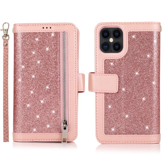 Allytech iPhone 12 mini Case with Zipper Wallet, Bling Glitter Multiple Credit Cards Slots Wallet Case Cover with Zipper Detachable Strap Protective Case for Apple iPhone 12 mini 5.4", Pink
