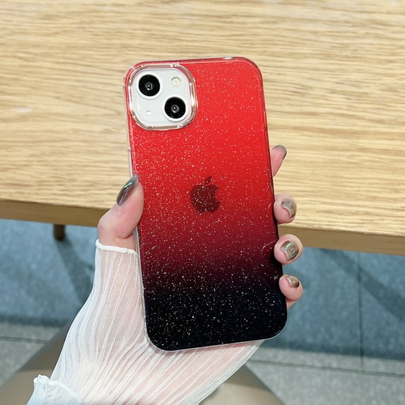 Allytech for iPhone 13 6.1 Inch Gradient Clear Case, Glitter Powder Colorful Back Colorless Frame Plating Camera Frame Scratchproof Shockproof Case for iPhone 13, Black Red