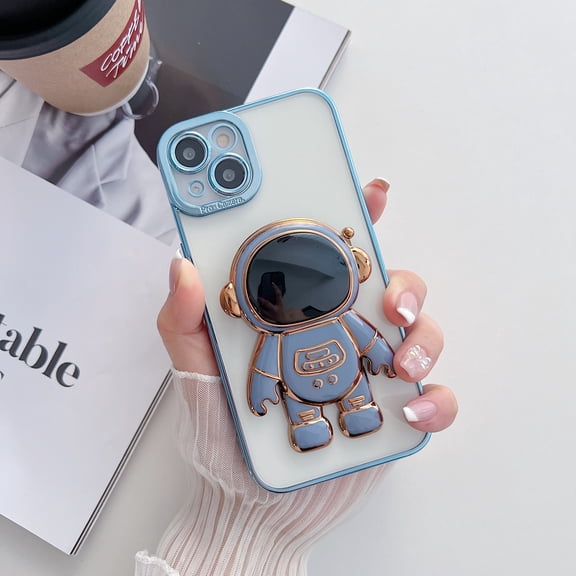 Allytech for iPhone 13 6.1 Inch Slim Gold Plated Frame Shockproof Phone Case, Raised Cute Astronaut Icon Hidden Stand Clear Back Phone Case for iPhone 13, Blue
