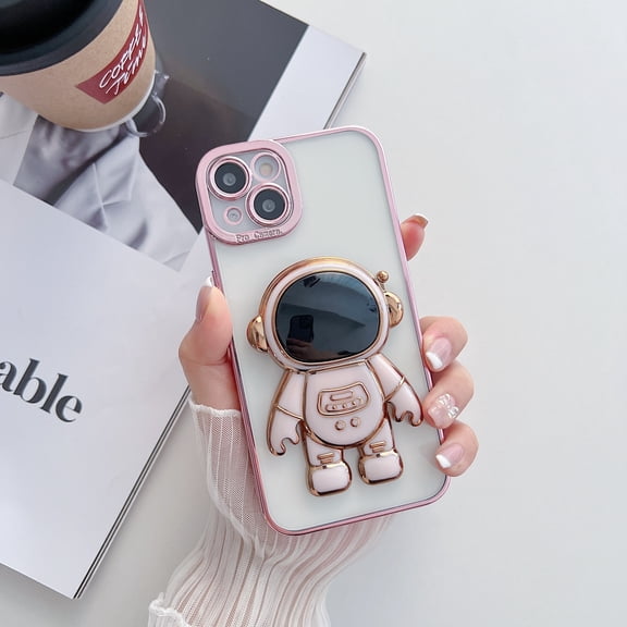 Allytech for iPhone 13 6.1 Inch Slim Gold Plated Frame Shockproof Phone Case, Raised Cute Astronaut Icon Hidden Stand Clear Back Phone Case for iPhone 13, Pink