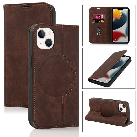 Allytech for iPhone 13 6.1 Inch Wallet Case Protective PU Leather Shockproof TPU Flip Cover with RFID Card Slot Holder Magnetic Closure Case for iPhone 13, Coffee