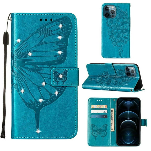 Allytech For iPhone 13 6.1 inch Soft TPU Case,Stylish Diamond Embossed Butterfly PU Leather 360 Protection Shockproof Flip Folio Wallet Card Slots Holder Cover.For iPhone 13,Blue