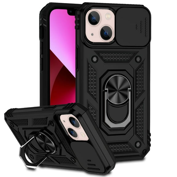 Allytech iPhone 13 Case 2021, 360 Degree Rotating Ring Holder Kickstand Phone Case with Work with Magnetic Car Mount TPU+PC Slide Camera Protection Window Case for iPhone 13 6.1", Black