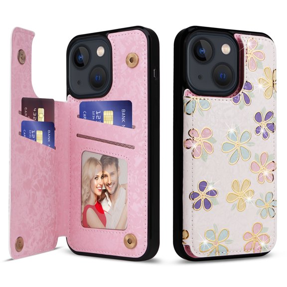 Allytech iPhone 13 Case with Card Holder, Stylish Flower with Glitter Bling Rhinestone Stand Shockproof Slim Fit Bumper Wallet Case for Apple iPhone 13 - Floret
