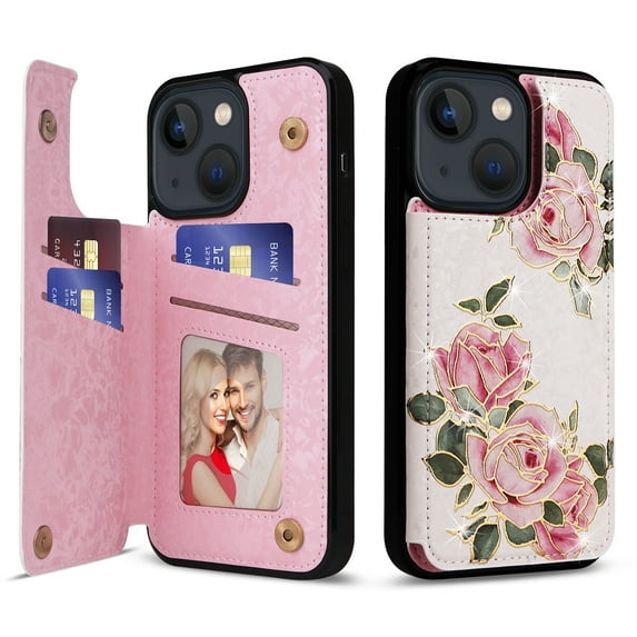 Allytech iPhone 13 Case with Card Holder, Stylish Flower with Glitter Bling Rhinestone Stand Shockproof Slim Fit Bumper Wallet Case for Apple iPhone 13 - Rose