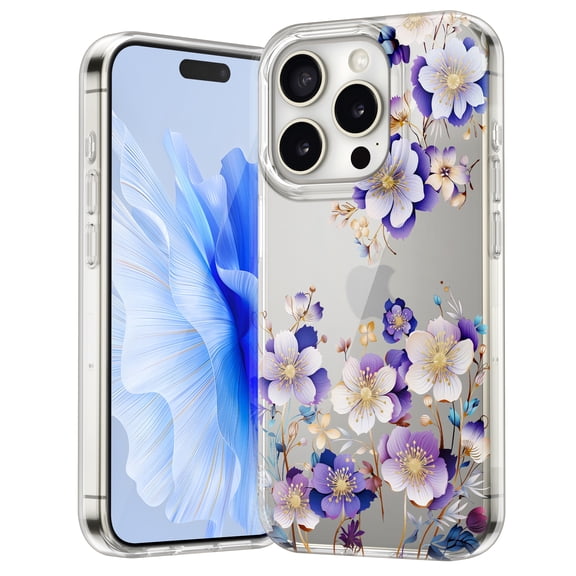 Allytech iPhone 13 Case Clear, Colorful Floral Trendy Transparent Back Cover for Girls Women Shockproof Bumper Slim Fit Phone Case for Apple iPhone 13 - Purple Blossom