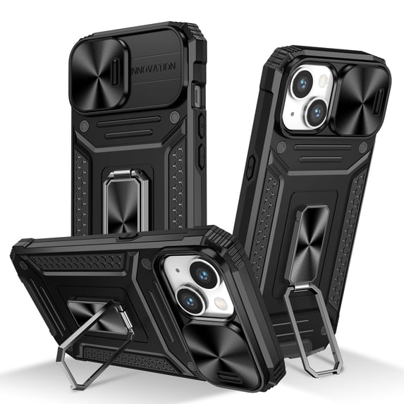 Allytech iPhone 13 Case with Kickstand, Sliding Camera Lens Protector Rugged Hybrid Military Grade Shockproof Bumper Phone Case for Apple iPhone 13 - Black