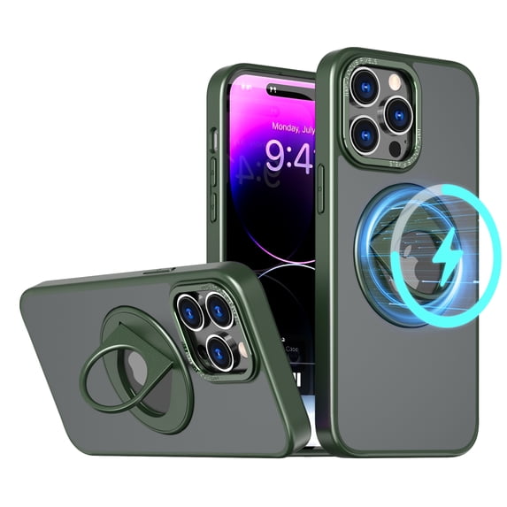 Allytech iPhone 13 Case Magnetic, Kickstand Matte Tarenslucent Back Cover Slim Fit Wireless Charging Support Anti-Scratch Hybird Rugged Bumper Phone Case Cover for Apple iPhone 13 - Green