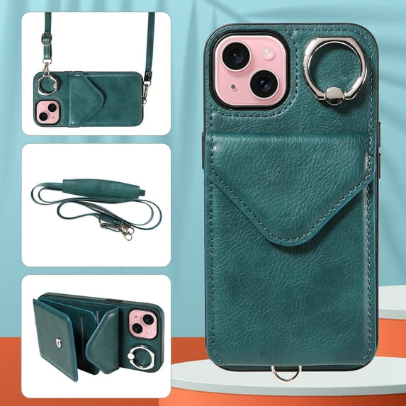 Allytech iPhone 13 Case with Ring Holder & Shoulder Strap, Retro PU Leather Cards Slots Kickstand Detachable Lanyard Shockproof Wallet Case Cover for Apple iPhone 13 - Green