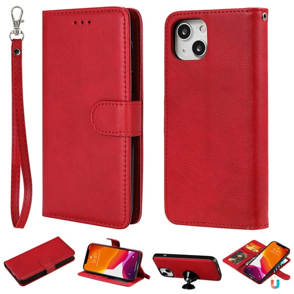 Allytech iPhone 13 Case Wallet, Premium PU Leather Detachable Magntic Back Cover Shell Shockproof Protective Kickstand Cards Holder Wallet Cover for Apple iPhone 13 6.1", Red