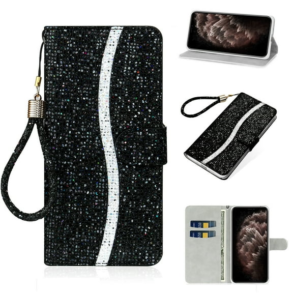 Allytech iPhone 13 Glitter Case with 2 Credit Cards Holder, Bling Sequin Flip Stand Purse PU Leather Soft Bumper Protective Cover with Luxury Detachable Wrist Strap for iPhone 13 6.1" 2021, Black