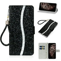 Allytech iPhone 13 Glitter Case with 2 Credit Cards Holder, Bling Sequin Flip Stand Purse PU Leather Soft Bumper Protective Cover with Luxury Detachable Wrist Strap for iPhone 13 6.1" 2021, Black
