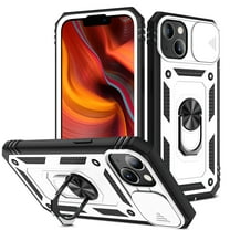 Allytech iPhone 13 Mini 2021 Case with Glass Screen Protector, 3-Layer Hybrid Shockproof 360° Rotating Magnetic Ring Holder Kickstand Slide Lens Protective Inner Card Holder Case, White