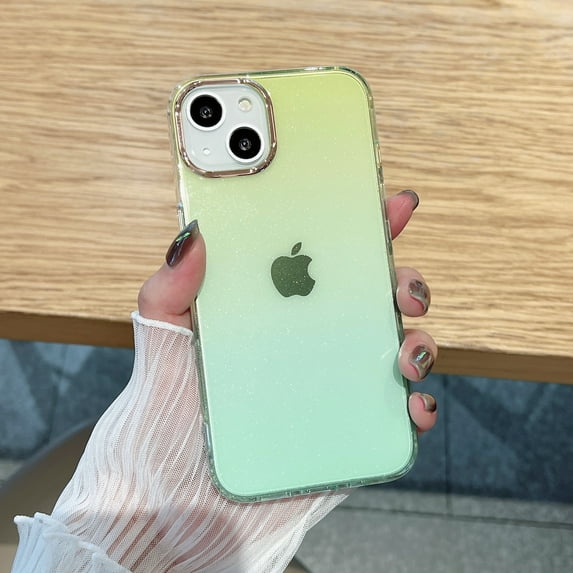 Allytech for iPhone 13 Pro 6.1 Inch Gradient Clear Case, Glitter Powder Colorful Back Colorless Frame Plating Camera Frame Scratchproof Shockproof Case, Green Yellow