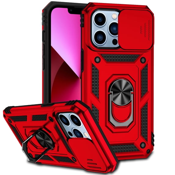Allytech iPhone 13 Pro Case 2021, 360 Degree Rotating Ring Holder Kickstand Phone Case with Work with Magnetic Car Mount TPU+PC Slide Camera Protection Window Case for iPhone 13 Pro 6.1", Red