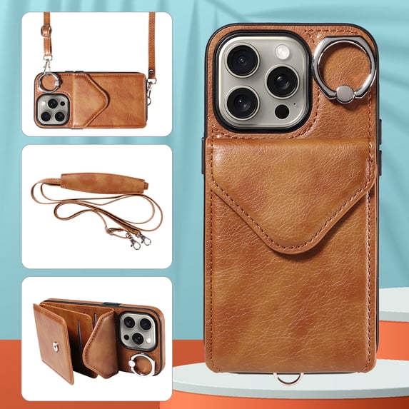 Allytech iPhone 13 Pro Case with Ring Holder & Shoulder Strap, Retro PU Leather Cards Slots Kickstand Detachable Lanyard Shockproof Wallet Case Cover for Apple iPhone 13 Pro - Brown