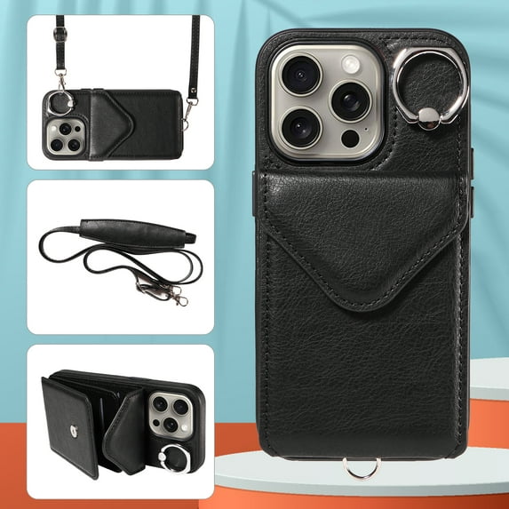 Allytech iPhone 13 Pro Case with Ring Holder & Shoulder Strap, Retro PU Leather Cards Slots Kickstand Detachable Lanyard Shockproof Wallet Case Cover for Apple iPhone 13 Pro - Black