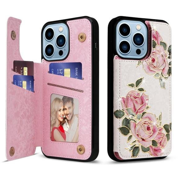 Allytech iPhone 13 Pro Max Case with Card Holder, Stylish Flower with Glitter Bling Rhinestone Stand Shockproof Slim Fit Bumper Wallet Case for Apple iPhone 13 Pro Max - Rose