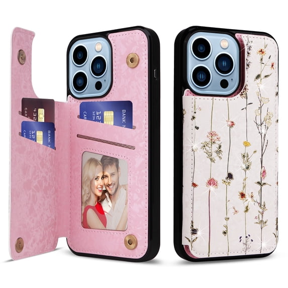 Allytech iPhone 13 Pro Max Case with Card Holder, Stylish Flower with Glitter Bling Rhinestone Stand Shockproof Slim Fit Bumper Wallet Case for Apple iPhone 13 Pro Max - Floral